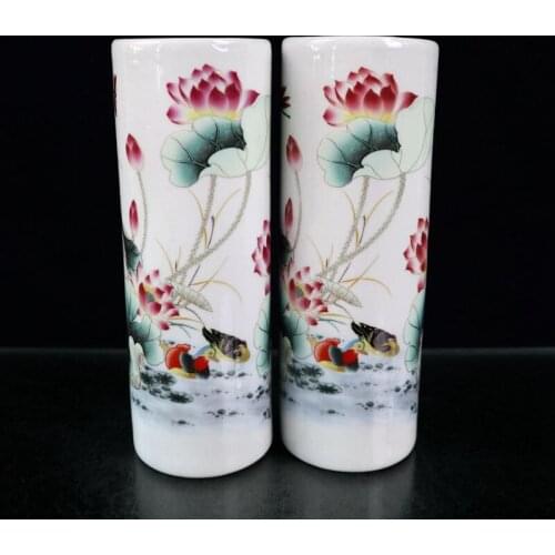 A Pair Chinese Porcelain Pastel Ancient Mandarin Duck Pattern Pen Holder