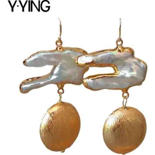 Freshwater White Keshi Pearl gold color Plated coin beads Hook Earrings