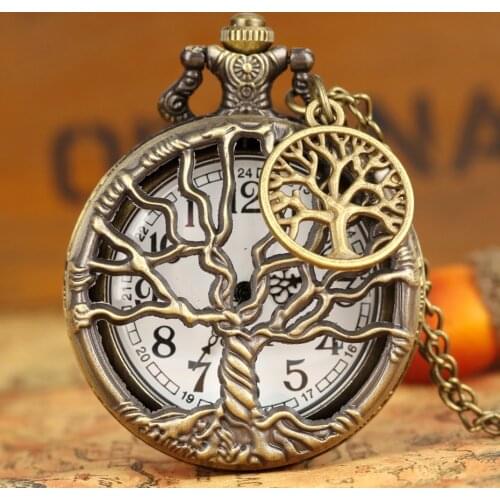 Hollow Life Tree Quartz Pocket Watch Immortal Necklace Chain Bronze Design Pendant Clock Old Vintage Fob reloj + Tree Accessory