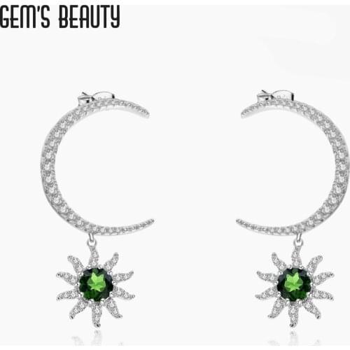 GEMS BEAUTY 925 Sterling Silver Studs Earring For Women Moon Sun Halo Natural Round Chrome Diopside Handmade Earring