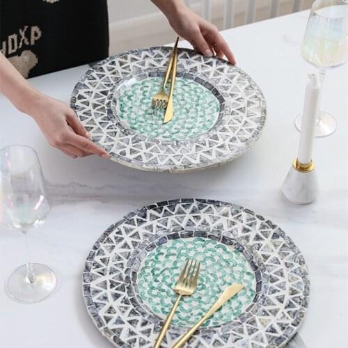 Light Luxury Shell Mat Plate Desktop Home Decoration Circular Pad Wooden Handmade Mosaic Patch