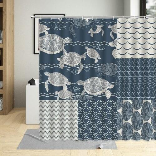 Retro Abstract Ocean Animal Sea Beach Theme Shower Curtain Turtle Fish Geometric Decor Waterproof Design Bathroom Curtains Set