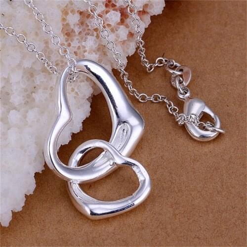 New Style 925 Sliver Double Heart Pendant Link Chain Necklace Fashion Jewelry For Women & Girls Anniversary Engagement Delicate