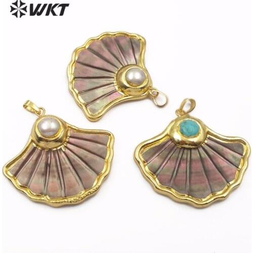 WT-JP102 Classic natural black shell pendant fan-shaped with pearl and natural stone gold border ladies jewelry making necklace