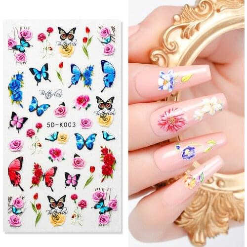 5D Embossed Temporary Tattoo Stickers For Nails Flowers Butterfly Heart Adhesive Nail Art Stickers Manicure DIY Decals