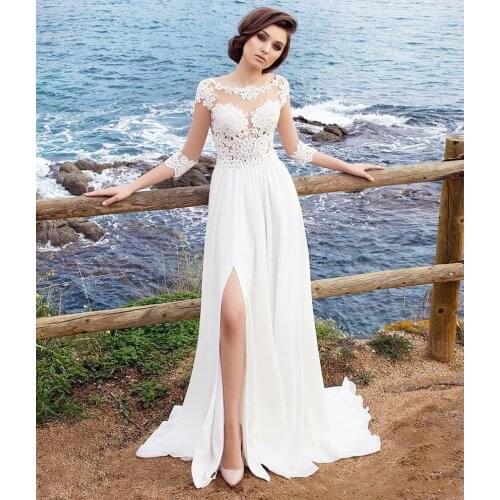 3/4 Long Sleeves Beach Bohemian Wedding Dresses 2019 Chiffon Scoop Neck Appliques Long Bridal Gowns With Side Split