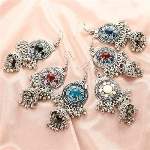 Boho Gypsy Tassel Indian Drop Earrings 2021 Women Orecchini Jewelry Ladies Retro Blue Flower Silver Color Jhumka Earrings