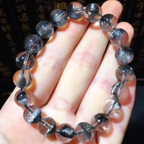 10mm Genuine Natural Brookite Platinum Silver Rutilated Quartz Bracelet Crystal Gemstone Clear Round Beads Woman Man AAAAA