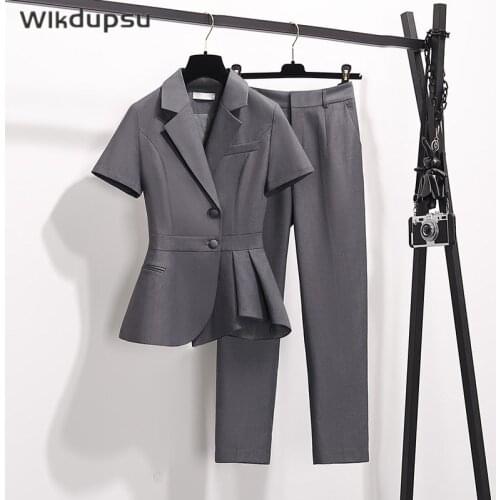 Pantsuits Female Plus Size Summer Short Sleeve Blazer Top & Long Pencil Pants Two Piece Set Trousers Suit Office Formal Clothes
