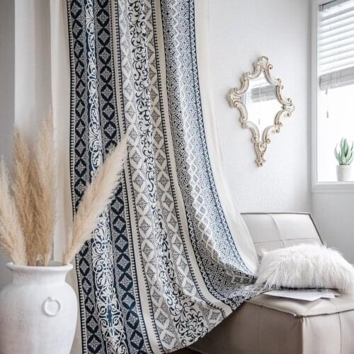 Cotton Linen Blue And White Porcelain Kitchen Curtain Bay Window Curtain Living Room Bedroom Ready Made