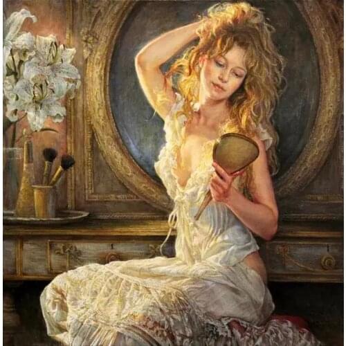 Girl Looking in the Mirror Painting Cross Stitch Kits Needlework Embroidery Crafts 14ct Unprinted DIY Arts Handmade Home Decor