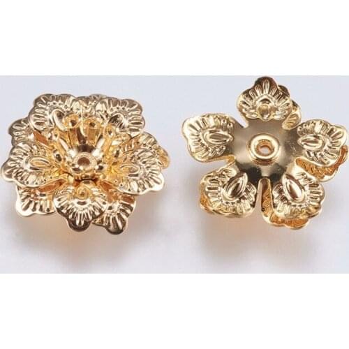 10pcs 5-Petal Flower Brass Bead End Caps Pendant DIY Charms Connectors Jewelry Findings 14x5mm, Hole: 1mm 80