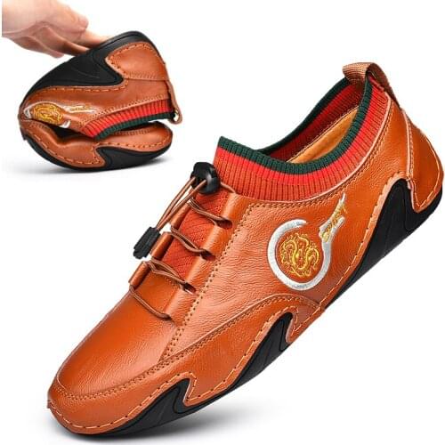 Cowhide Genuine Leather Brand Plus Size Men Casual Drive Striped Slip On Black Loafers Mens Moccasins Italian Designer Man Shoes