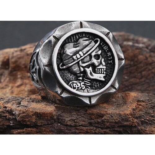 Gothic 1936 Stainless Steel Hat Skull Ring Men Punk Hip Hop Shield Arrow Stamp Biker Ring Fashion Jewelry Gift Wholesale