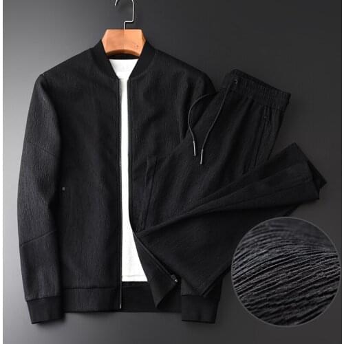 Male Jacket Stand Collar Wrinkle Fabric Trendy Comfort 2-Piece Mens Sets Hight Quality Solid Color Slim Fit Man Suits