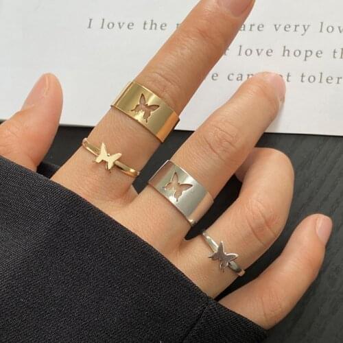 New Trendy Gold Silver Color Dolphin Butterfly Rings for Women Men Couple Adjustable Opening Ring Set Friendship Gift Jewelry