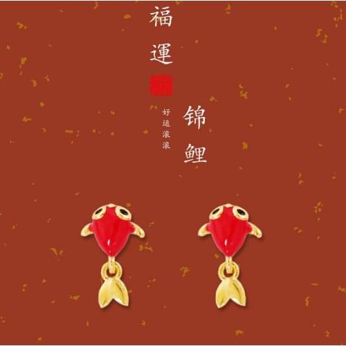 New Chinese fashion Koi individuation red small whale chinoisque S925 sterling modern lucky silver earrings for women ear stud