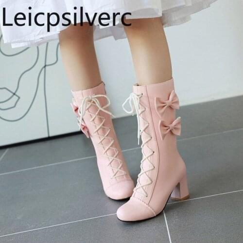 Autumn And Winter new style sweet Bow Mid boots High heel Lace Womens boots Pink Lolita Student Martin Boots plus size 34-43