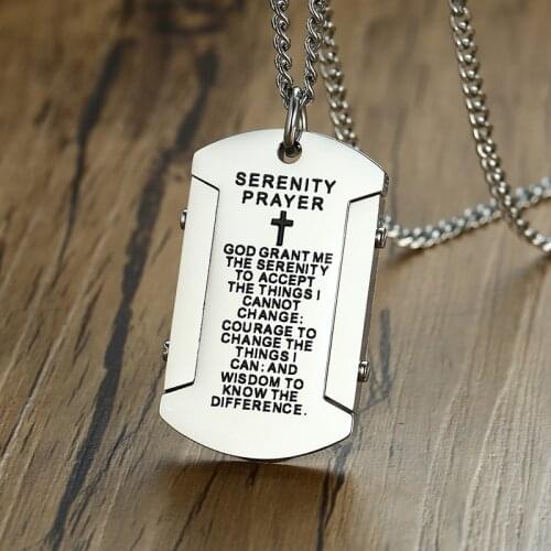 ZORCVENS Silver Color Stainless Steel Cross and Serenity Prayer Dog Tag Pendant Necklace for Man