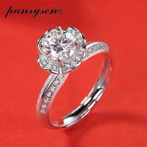 PANSYSEN 925 Sterling Silver Flower Design Round Cut Moissanite Gemstone Wedding Engagement Ring Fine Jewelry with Certification