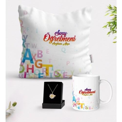 Personalized Class Teacher White Mug Cushion and Is Daisy Necklace Gift Seti-13