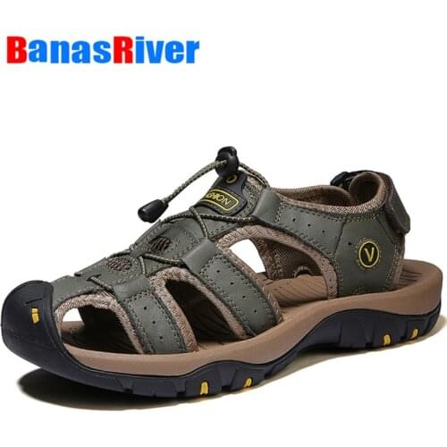 Outdoor Walking Men Sandals Summer Soft Leather Black Breathable Shoes Big Size New High Quality Slippers Sandalias Hombre De