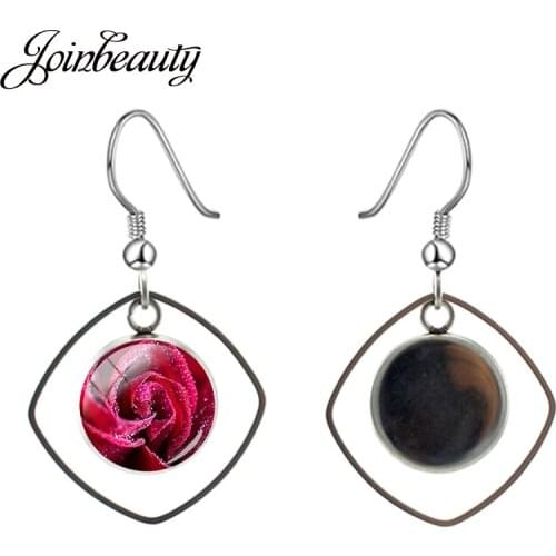 JOINBEAUTY Red Rose Flower Beautiful Picture Glass Cabochon Drop Earrings Geometry Shape Hollow Out Dangle Earrings Jewelry RS01