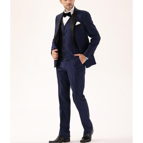 Custom Made Groomsmen Navy Blue Groom Tuxedos Shawl Black Lapel Men Suits Wedding Best Man ( Jacket+Pants+Vest+Tie ) C818