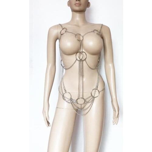 Sexy Metal Drape Chain and Rings Cupless Bodysuit Bikini Party Body Harness Metallic Body Chain Tassel Fetish Lingerie