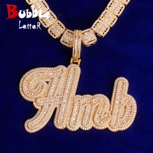 Bubble Letter Custom Brush Cursive Letter Pendant Name Necklace Micro Paved CZ Personalized Hip Hop Jewelry