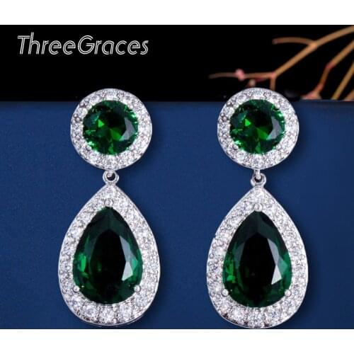 ThreeGraces Fashion Silver Color Green Cubic Zirconia Stone Round and Big Water Drop Dangle Long Earrings for Women ER017