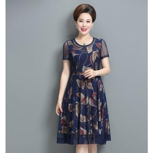 Women Elegant Summer Print Mesh Dress Oversize Middle-aged Ladies Round Neck Loose Mother Lace Dress Large Size Female Vestidos