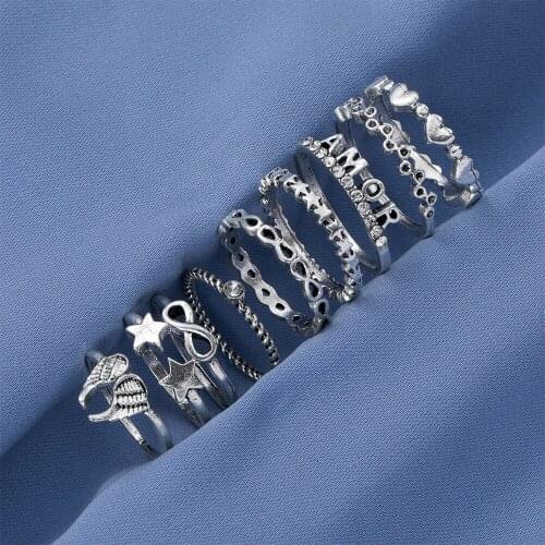 Retro Punk Hollow Heart Wings Star Ring For Women Fashion Girl Silver Color Jewelry Knuckle Ring Set Boho Hip Hop Gift Wholesale