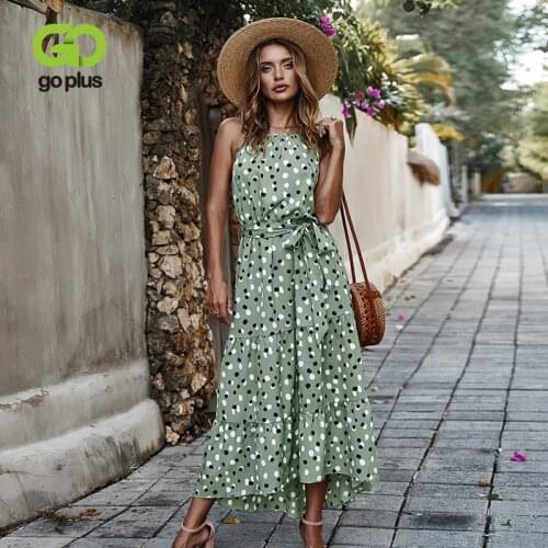 GOPLUS 2021 Floral Boho Strap Dress Women Sexy Halter Off shoulder Long Dress Elegant Luxury Bow Beach Vacation Vestidos Female