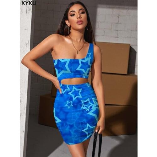 KYKU Dark Blue Dresses Women Star 3d Print Abstract Hollow out Dresses Harajuku Vestido Sexy Womens Clothing Club Vintage Boho