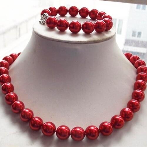 12mm Lovely Rose Red Shell Simulated-pearl Round Beads High Quality Elegant Necklace Bracelet Jewelry Set 18inch 7.5inch BV262