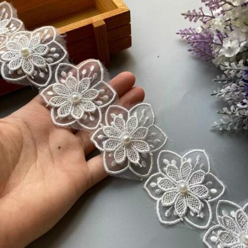 2 Yard Lace Trim White Pearl 5.5cm Double Flower Embroidered Applique Fabric Ribbon DIY Sewing Craft For Costume Hat Decoration