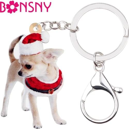Bonsny Acrylic Christmas Chihuahua Dog Key chains Key Rings Women Girls Charm Gift Bag Car Wallet Keychains Hot Sale Accessories