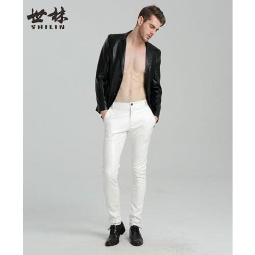 Thin splice fashion personality motorcycle faux leather pants mens feet pants pu trousers for men pantalon homme red white black