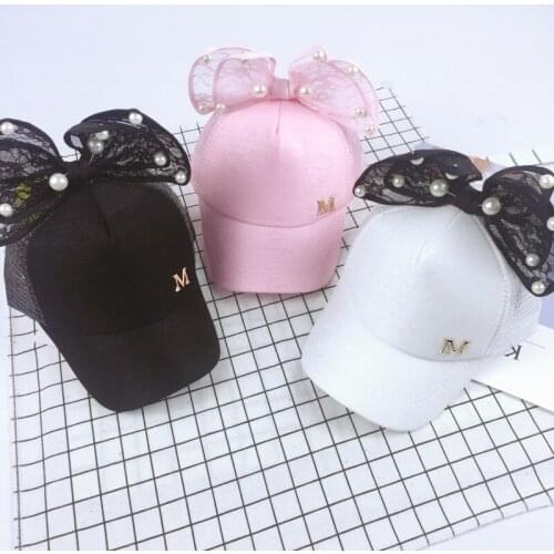 Spring Summer Kids Baseball Caps Baby Girl Sun Hats Cute Glitter Sequin Rabbit Ear Pearl Bowknot Sunhats Visors for Children