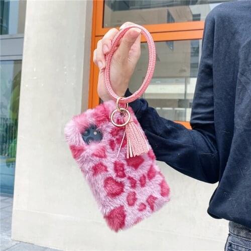 For Iphone 12 Mini 11 Pro XS Max XR X 8 7 6 6S Plus SE Leopard Fluffy Fur Big Circle Leather Hand Ring Tassel Pendant Case Cover