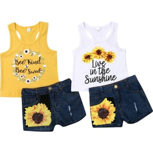 Emmababy Toddler Kids Baby Girl Clothes Sunflower Vest Tops+Denim Shorts Pants Outfit Set