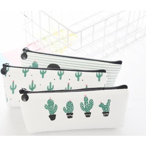 Brief Style Green Cactus Canvas Large Capacity Pencil Bag Stationery Storage Organizer Case School Supply