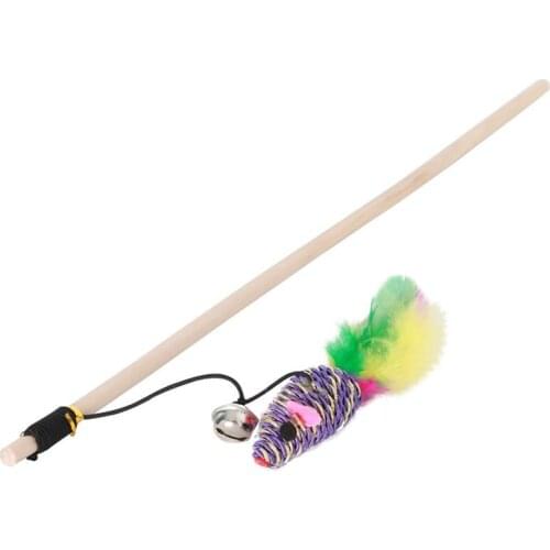 Cat Toy Cat Mouse Wand Wooden Pole Toys for Cats Fake Feather Kitten Teaser Toy Pet Wand Toy with Bell Pet Supplies