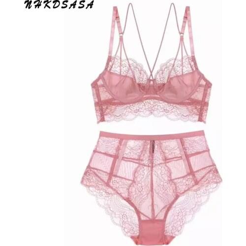 Classic Bandage Pink Bra Set Lingerie Push Up Brassiere Lace Underwear Set Sexy High-Waist Panties For Women Underwear Wholesale