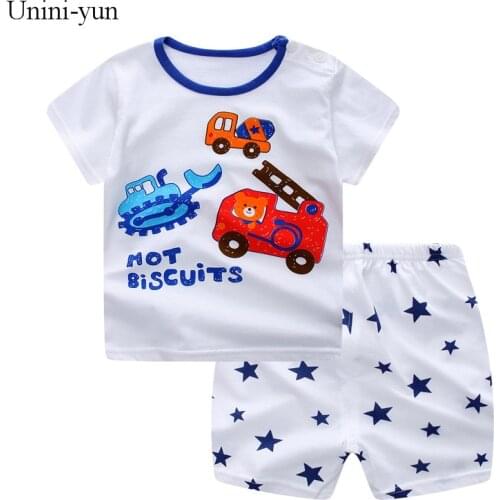 [Unini-yun]Kid Clothing Set Summer Casual Boys Girls Cartoon Animal Cotton Short Sleeve T-Shirt+ Pant Children Clothes Set