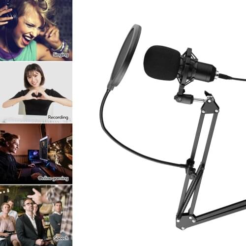 USB Condenser Microphone Set with Desk Mounting Clamp Scissor Arm Stand Pop Filter Muff Shock Mount USB Cable for Voice Chat