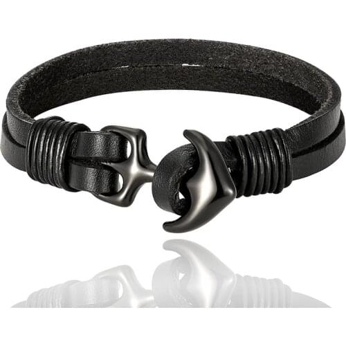 New Fashion Men Genuine Leather Bracelet Charm Anchor Stainless steel Bracelet & Bangles Vintage Punk Wristband Men Jewelry Gift
