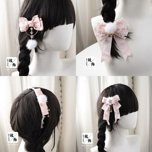 Original hand made bells star stripes pink hair ball Japanese hair accessories bow hairpin