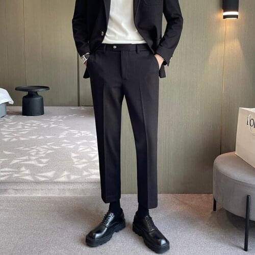 2021 Autum Winter Woolen Suit Trousers for Men Business Dress Pants Solid Color Office Social Pants Casual Wedding Male Clothing